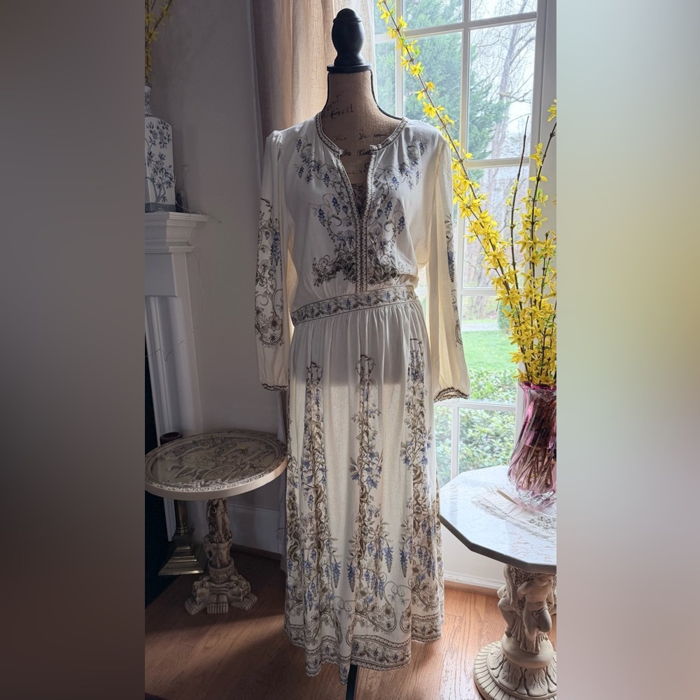 Floral Print Balloon Sleeve Maxi linen Dress long sleeve - Picture 9 of 10